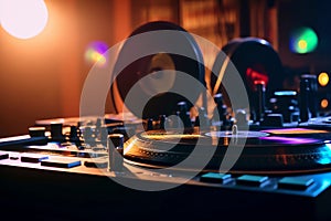 DJ mixer with vinyl records close-up against the background of glowing bokeh lights at a club party. AI Generated.