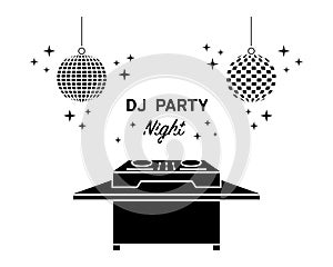 Dj mixing controller, desk, table at nightclub vector icon set. Night party playing dance, electronic, techno music silhouette