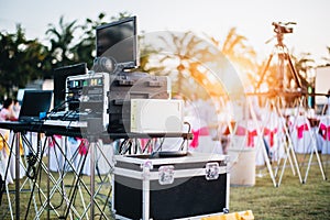 Dj mixing equalizer at outdoor in music party festival with part