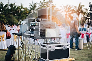 Dj mixing equalizer at outdoor in music party festival with part