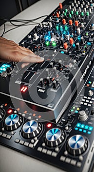 dj mixing music mixer, dj mixing music, dj at work, close-up of hands dj mixing music, close-up of dj mixer