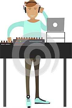 DJ mixing music tracks on turntable vector icon isolated on white