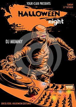 DJ Mummy Black and orange Halloween party flyer template