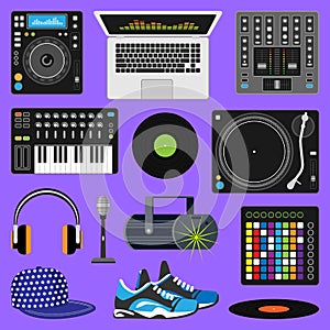 DJ music discjockey playing disco on turntable sound record set with headphones and players audio equipment for playback