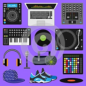 DJ music discjockey playing disco on turntable sound record set with headphones and players audio equipment for playback photo