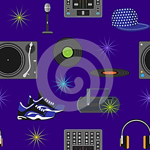 DJ music discjockey playing disco on turntable sound record set with headphones and players audio equipment for playback