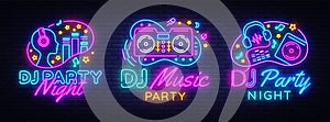 DJ Music Party neon sign collection vector design template. DJ Concept of music, radio and live concert, neon poster