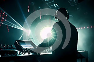 Dj in a nightclub scene with lights and lasers. Night scene of electronic music over the audience and crowd