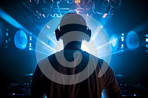 Dj in a nightclub scene with lights and lasers. Night scene of electronic music over the audience and crowd