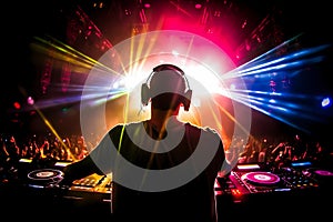 Dj in a nightclub scene with lights and lasers. Night scene of electronic music over the audience and crowd