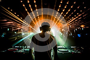 Dj in a nightclub scene with lights and lasers. Night scene of electronic music over the audience and crowd