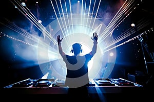 Dj in a nightclub scene with lights and lasers. Night scene of electronic music over the audience and crowd