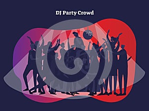 DJ party crowd vector illustration. Adult friends and couples enjoying life, club, celebration and active entertainment with light