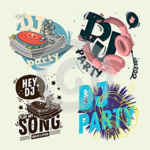 Dj Party Hand Lettering Vector Illustrations Set Designs.