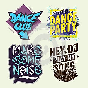 Dj Party Hand Lettering Vector Illustrations Set Designs.