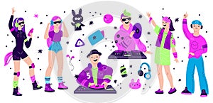 DJ party people. Discotheques musicians with headphones and turntables. Disco club dancers. Mixers and controllers