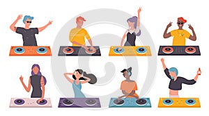 DJ People on musical party vector illustration set, cartoon flat man woman DJ characters making contemporary music in