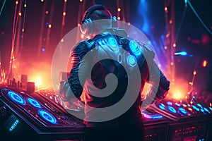 DJ player audio mixing electronic music in a nightclub party Created with Generative AI technology