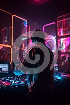 DJ player audio mixing electronic music in a nightclub party Created with Generative AI technology