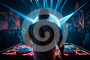 DJ player audio mixing electronic music in a nightclub party Created with Generative AI technology