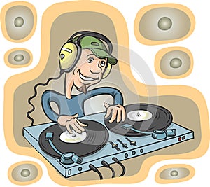 DJ playing on a double turntable with headphones