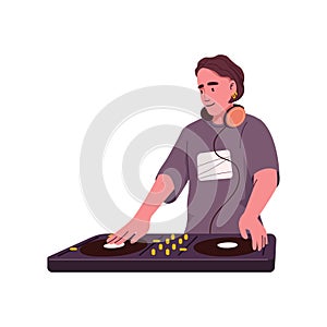 DJ playing recorded music at electronic audio controller. Modern man at console mixer mixing sounds with turntable