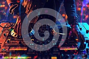 Dj plays disco music with his consolle in a pub. Generative AI photo