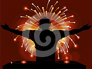 DJ record decks and fireworks background