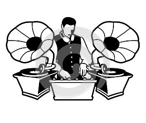 DJ retro style with mustache, vest, bow tie and headphones around the neck