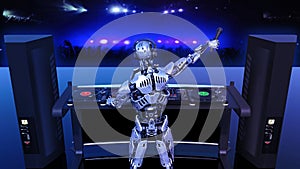 DJ Robot, disc jockey cyborg with microphone playing music on turntables, android on stage with deejay audio equipment, back view