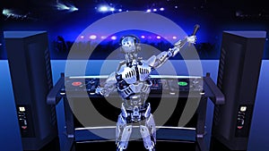 DJ Robot, disc jockey cyborg with microphone playing music on turntables, android on stage with deejay audio equipment, back view photo