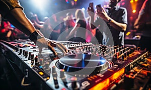 DJ's hand adjusting music on turntable at club party with dancing crowd in the background, vibrant nightlife scene