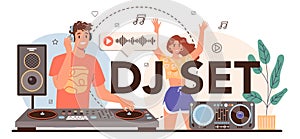 DJ set typographic header. Person standing at turntable mixer make music