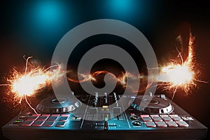 DJ sound equipment at nightclubs and music festivals, EDM, future house music and so on. Parties concept, sound technique. photo