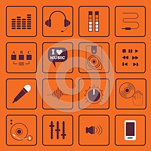 DJ, sound, and music flat icons set