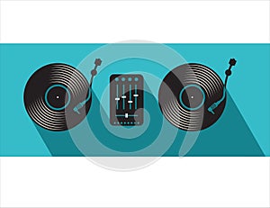 DJ Table with turntables mixer and vinyl records vector illustration