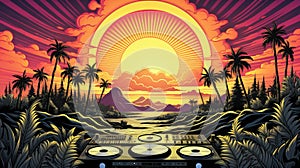 A dj turntable in front of a sunset with palm trees, AI