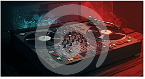 DJ turntable setup with two vinyl records, featuring a central mixing console. It