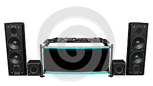 DJ turntables with speakers, sound mixers and audio recording equipment, disc jockey music instruments isolated on white