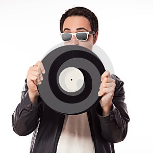 Dj with vinyl isolated on white background