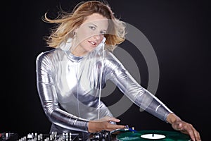 Dj woman with record player