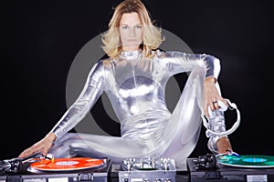 Dj woman with record player