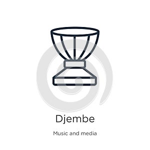 Djembe icon. Thin linear djembe outline icon isolated on white background from music collection. Line vector sign, symbol for web