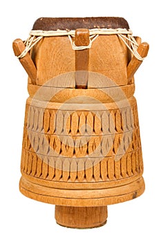 Djembe, Surinam percussion, handmade wooden drum with goat skin, ethnic musical instrument of carved wood and leather membrane