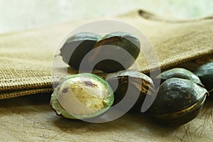 Djenkol bean or luk nieng fruit tropical plant on wooden board