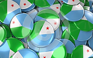 Djibouti Badges Background - Pile of Djiboutian Flag Buttons. photo