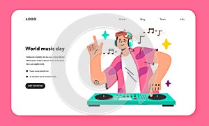 DJing web banner or landing page. Young male character standing
