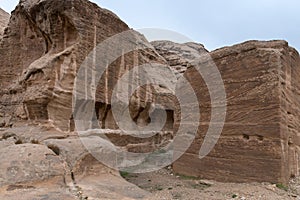 Djinn Blocks near the road leading to Petra - the capital of the Nabatean kingdom in Wadi Musa city in Jordan