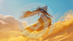The Djinn of the desert sands rode upon a mighty magic carpet their long hair whipping in the winds of a mystical storm photo