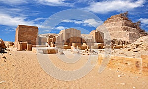 The Djoser Pyramid or step pyramid is located in the Saqqara necropolis. Ancient Egypt.